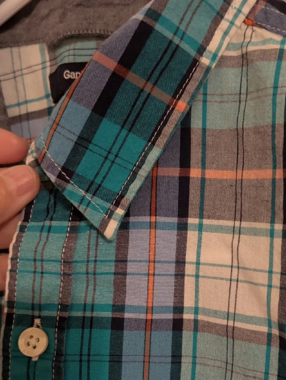 GAP Teal and White Plaid Short-Sleeve Button-Up Shirt